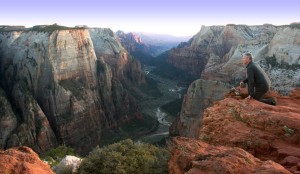 The benefits of hiking--incredible views! Mark Wade, from Zion Ponderosa, at Observation Point.