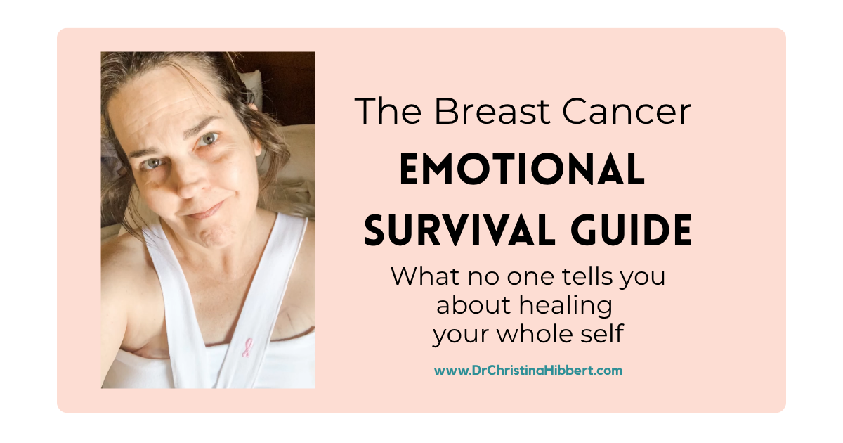 Dr. Christina Hibbert, clinical psychologist and breast cancer survivor, beside the title The Breast Cancer Emotional Survival Guide: what no one tells you about healing your whole self.